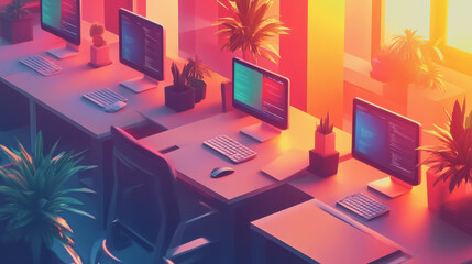 Fototapeta premium Modern office workspace featuring multiple computers, vibrant colors, sunlight, plants, organized desk setup, technology, and productive environment