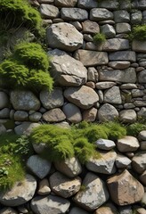 Weathered stone wall with moss-covered stones, rock formations, weathered stone