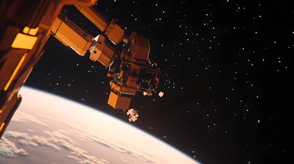 Naklejka premium Orbital cleanup illustration depicting a futuristic spacecraft removing debris from Earth's orbit, emphasizing the importance of space sustainability and environmental responsibility.