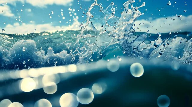 A videograph showcasing a wide expanse of water with a substantial amount of bubbles floating on its surface, A freeze-frame of ocean wave at the point of splash