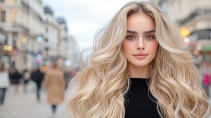 Obraz premium Stunning Blonde Woman Long Wavy Hair City Street Fashion Model Beauty