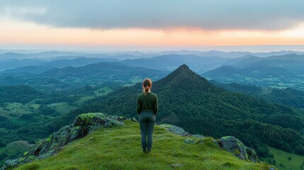 Fototapeta premium Woman on Mountaintop at Sunset Panoramic View Hiking Nature