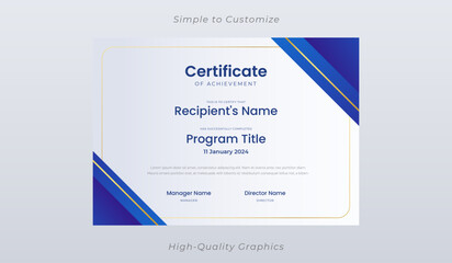 Minimalist Professional Certificate Template with Elegant Accents Golden stripe Mix Soft blue Gradient vector