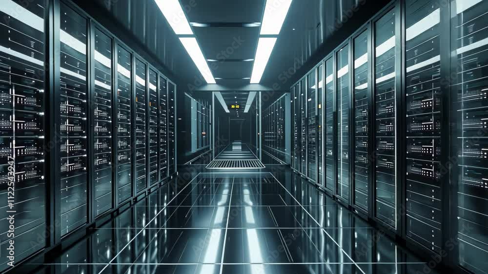 Poster a long hallway showcasing rows of servers neatly arranged and connected to support data storage and 