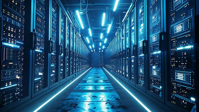 Rows of Servers in a Large Data Center, A futuristic data center with endless rows of NAS devices