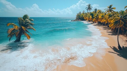 A quiet early morning scene on a coconut tree-lined beach, with dew-covered palm fronds glistening in the soft light of dawn, and the gentle sound of waves breaking on the shore in the background