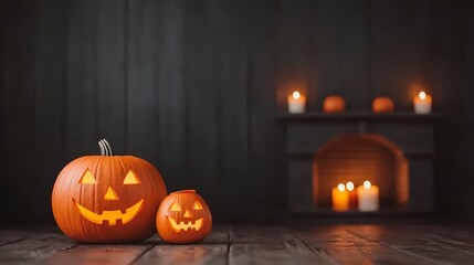 Fototapeta premium Spooky Halloween Jack o lanterns Candles Fireplace Autumn Dark Festive October Hol