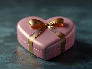 A heart-shaped pink gift box with a shiny gol - obrazy, fototapety, plakaty