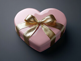 A heart-shaped pink gift box with a shiny gol - obrazy, fototapety, plakaty