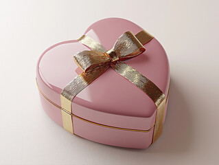 A heart-shaped pink gift box with a shiny gol - obrazy, fototapety, plakaty
