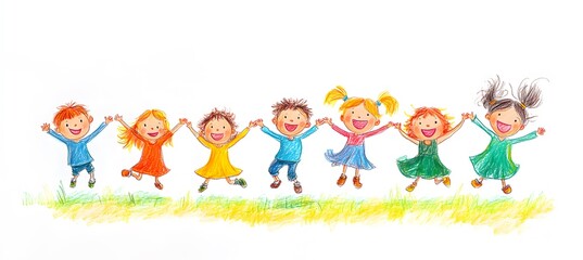 Fototapeta premium Cute cartoon children's drawing of many happy kids holding hands and jumping, white background, colorful , simple hand drawn style,