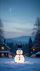 Obraz premium Illuminated Snowman Winter Night Scene Snowy Homes Festive Lights