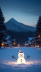 Obraz premium Illuminated Snowman Winter Night Scene Snowy Homes Festive Lights