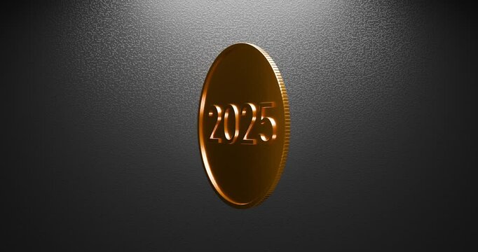 Gold coin with the numbers 2025 rotates on a dark textured background, looped animation
