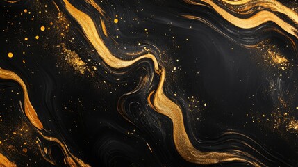 Abstract luxury swirling black gold background. Gold liquid paint background. Gold waves abstract background texture.