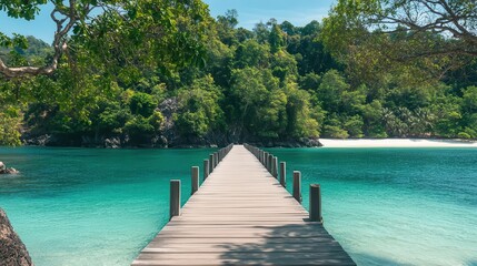 Fototapeta premium Travel image showing a wooden pier leading into the turquoise ocean on an exotic beach