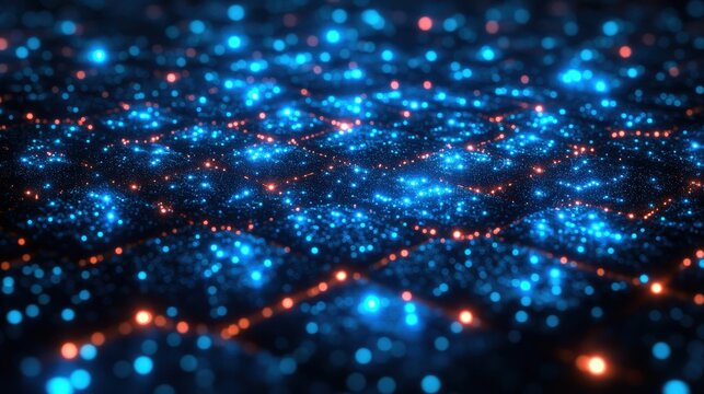 A digital representation of a glowing grid with blue and orange particles.