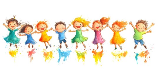 Fototapeta premium Cute cartoon children's drawing of many happy kids holding hands and jumping, white background, colorful , simple hand drawn style,
