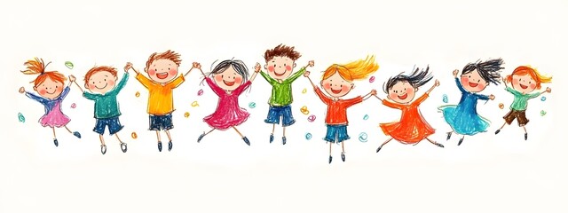 Fototapeta premium Cute cartoon children's drawing of many happy kids holding hands and jumping, white background, colorful , simple hand drawn style,