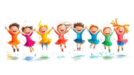 Fototapeta premium Cute cartoon children's drawing of many happy kids holding hands and jumping, white background, colorful , simple hand drawn style,