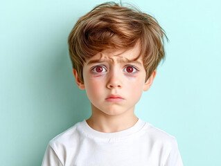 Young boy with red, watery eyes, plain pastel background, emphasizing allergy and health awareness