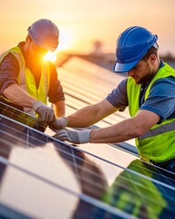 Solar engineers technicians concept. Two workers installing solar panels under a sunset, wearing safety gear and helmets.