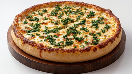 Delicious cheese pizza on wooden board.