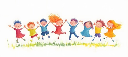 Fototapeta premium Cute cartoon children's drawing of many happy kids holding hands and jumping, white background, colorful , simple hand drawn style,