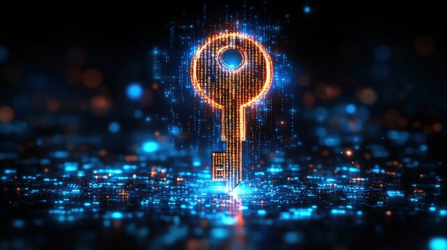 A glowing digital key symbolizing security and access in a tech-inspired environment.