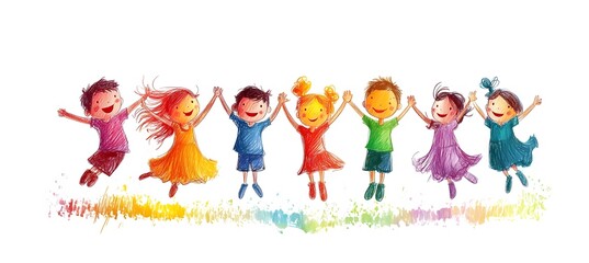 Fototapeta premium Cute cartoon children's drawing of many happy kids holding hands and jumping, white background, colorful , simple hand drawn style,