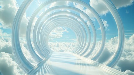 Obraz premium A serene pathway through circular arches leads into a bright, cloud-filled sky, evoking feelings of peace and exploration.