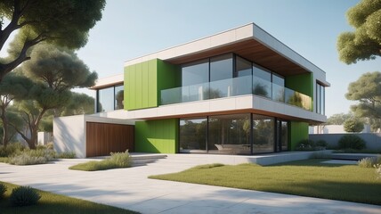 3D Elegant Modern Residence with Unique Architectural Features. 3D Render Contemporary Home Design Exterior