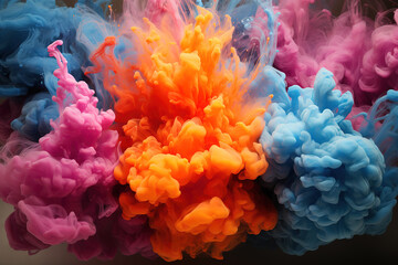Fototapeta premium Radiant explosion of colorful orange, pink, and blue fumes in mid-air