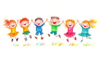 Cute cartoon children's drawing of many happy kids holding hands and jumping, white background, colorful , simple hand drawn style,



