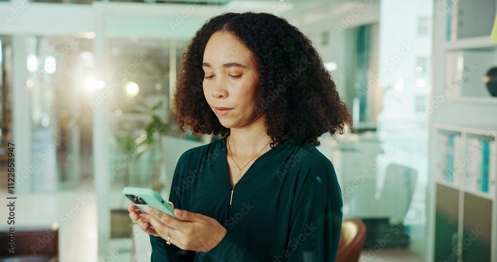 Aufkleber woman, phone and research in office for business, reading and connectivity at window. admin manager,