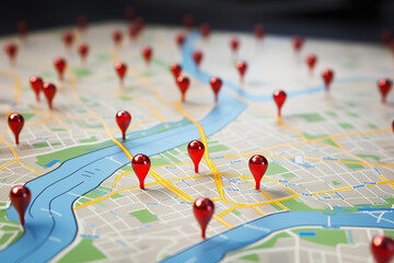 Journey planning theme with location pin on a map and travel routes