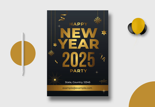 2025 Happy New Year Party Flyer Gold Color