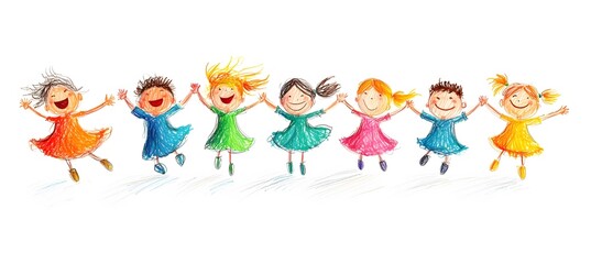 Cute cartoon children's drawing of many happy kids holding hands and jumping, white background, colorful , simple hand drawn style,


