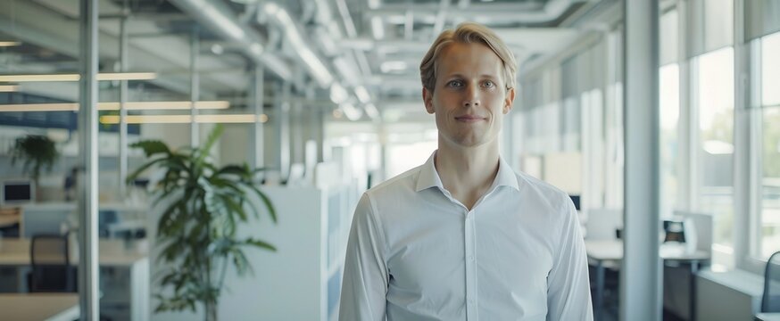 Angel investor with halo evaluating startup pitch, serene smile in soft morning light, entrepreneurial success concept