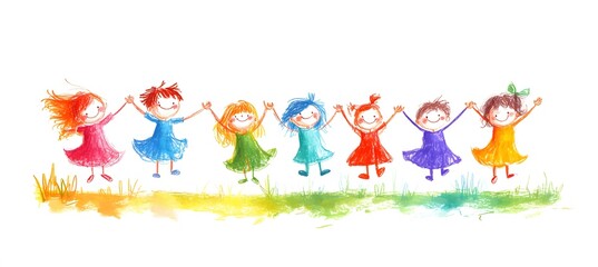 Fototapeta premium Cute cartoon children's drawing of many happy kids holding hands and jumping, white background, colorful , simple hand drawn style,