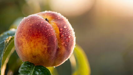 Ripe Peach with Water Droplets in Morning Sunlight, Surrounded by Green Leaves
