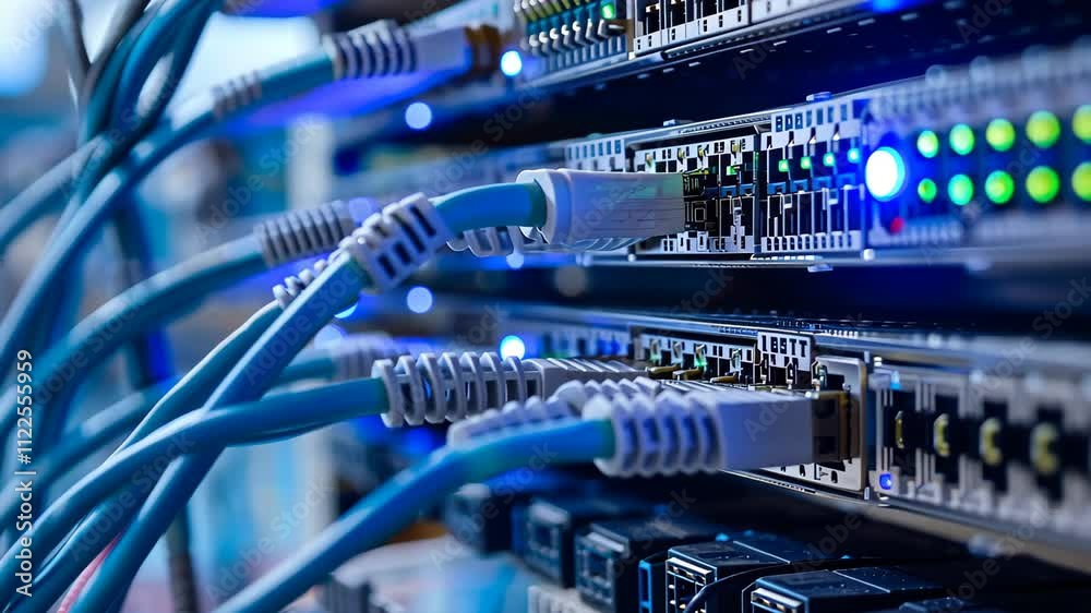 Poster multiple wires connected to a server, forming a complex network infrastructure, a high-level overvie