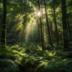 Fototapeta premium A lush green forest with sunlight streaming through the canopy.