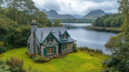 Obraz premium A picturesque stone cottage by a serene lake surrounded by mountains and lush greenery.