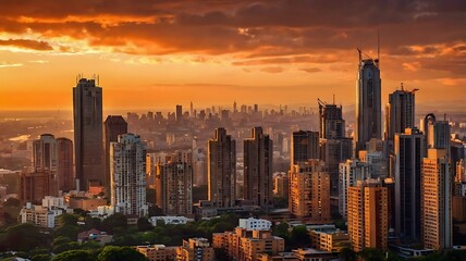 Fototapeta premium Golden Sunset Over a City Skyline of Skyscrapers