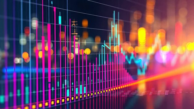 This video captures the lights and buildings of a city at night, creating a blurry and surreal atmosphere, A histogram indicating frequency of certain stock trades