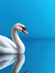 Obraz premium Serene Swan Gliding Gracefully on Calm Blue Background Reflection