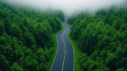 Fototapeta premium Winding Road Through Misty Green Forest Nature Travel Landscape Photography