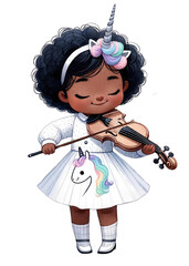 Musical performance of a young girl with unicorn violin fantasy setting artwork cheerful atmosphere whimsical concept