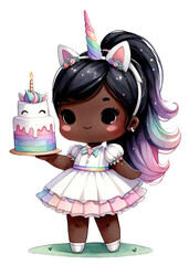 Colorful unicorn birthday celebration playroom illustration whimsical close-up fantasy theme